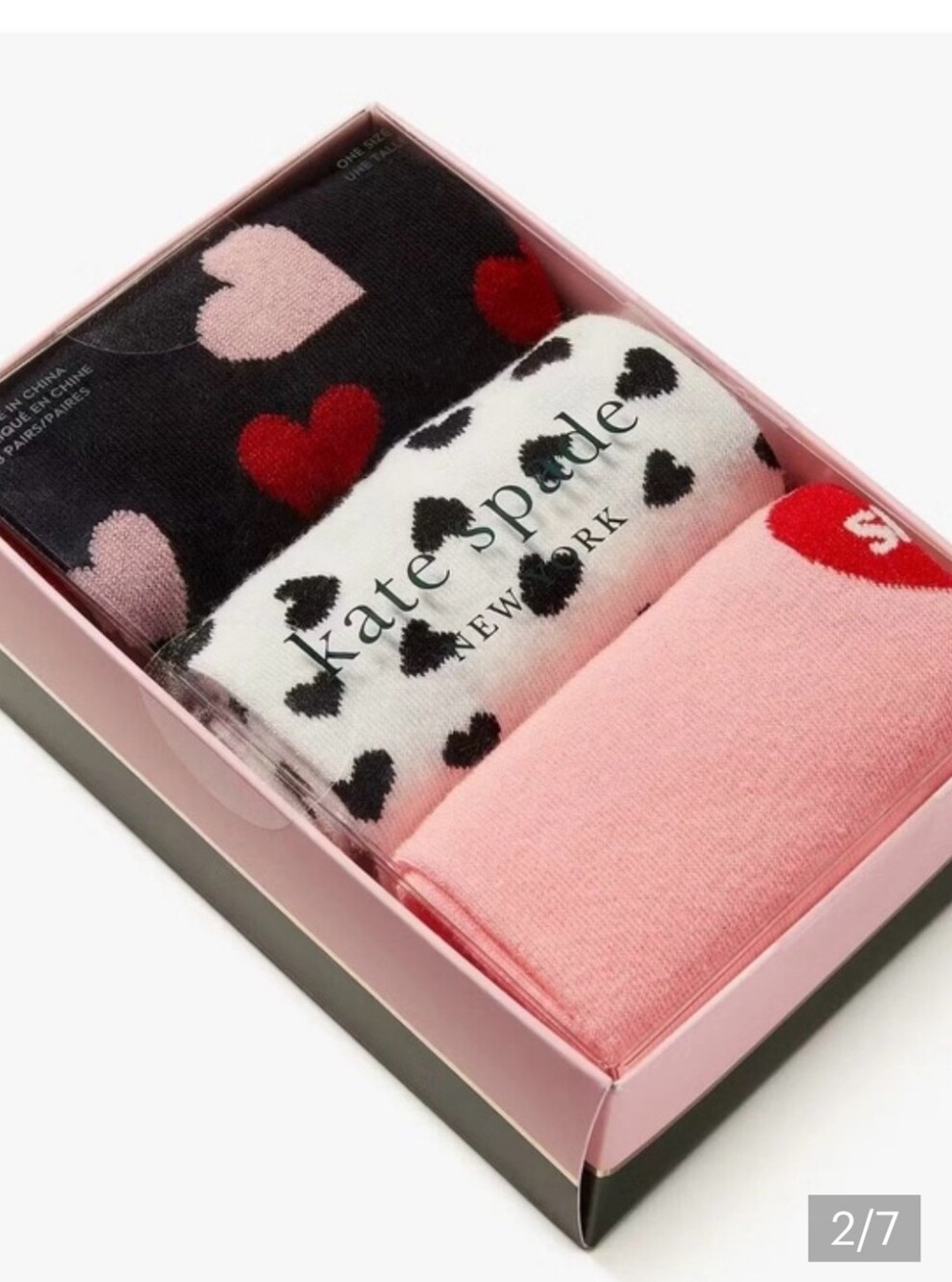 NEW In Box Kate Spade 3pr Crew Socks HEARTS Cotton Blend Pink White Black